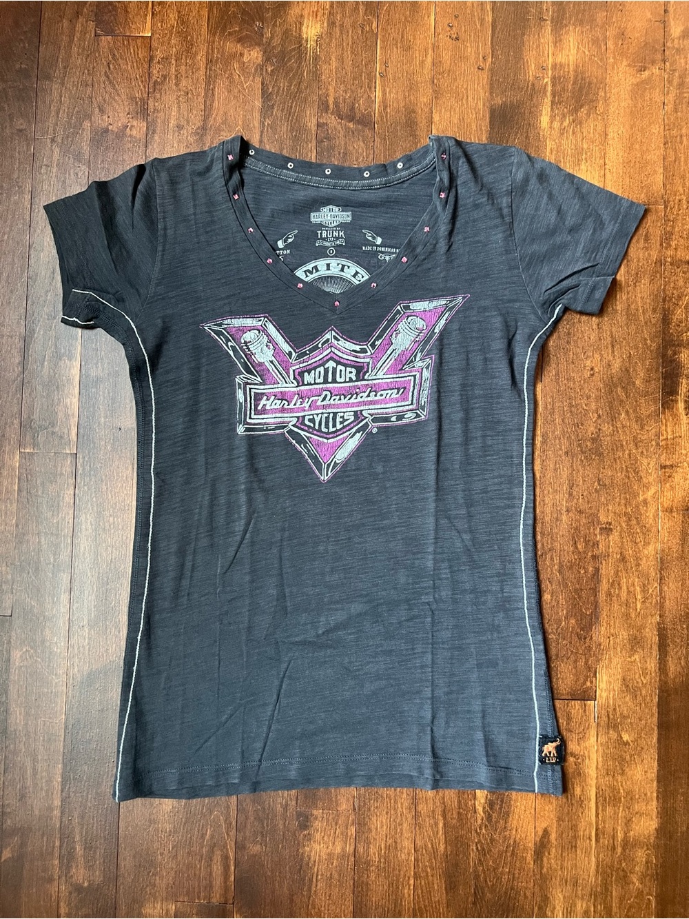 Harley-Davidson Women’s Black Short-Sleeve Graphic V-Neck Tee with Pink Accent